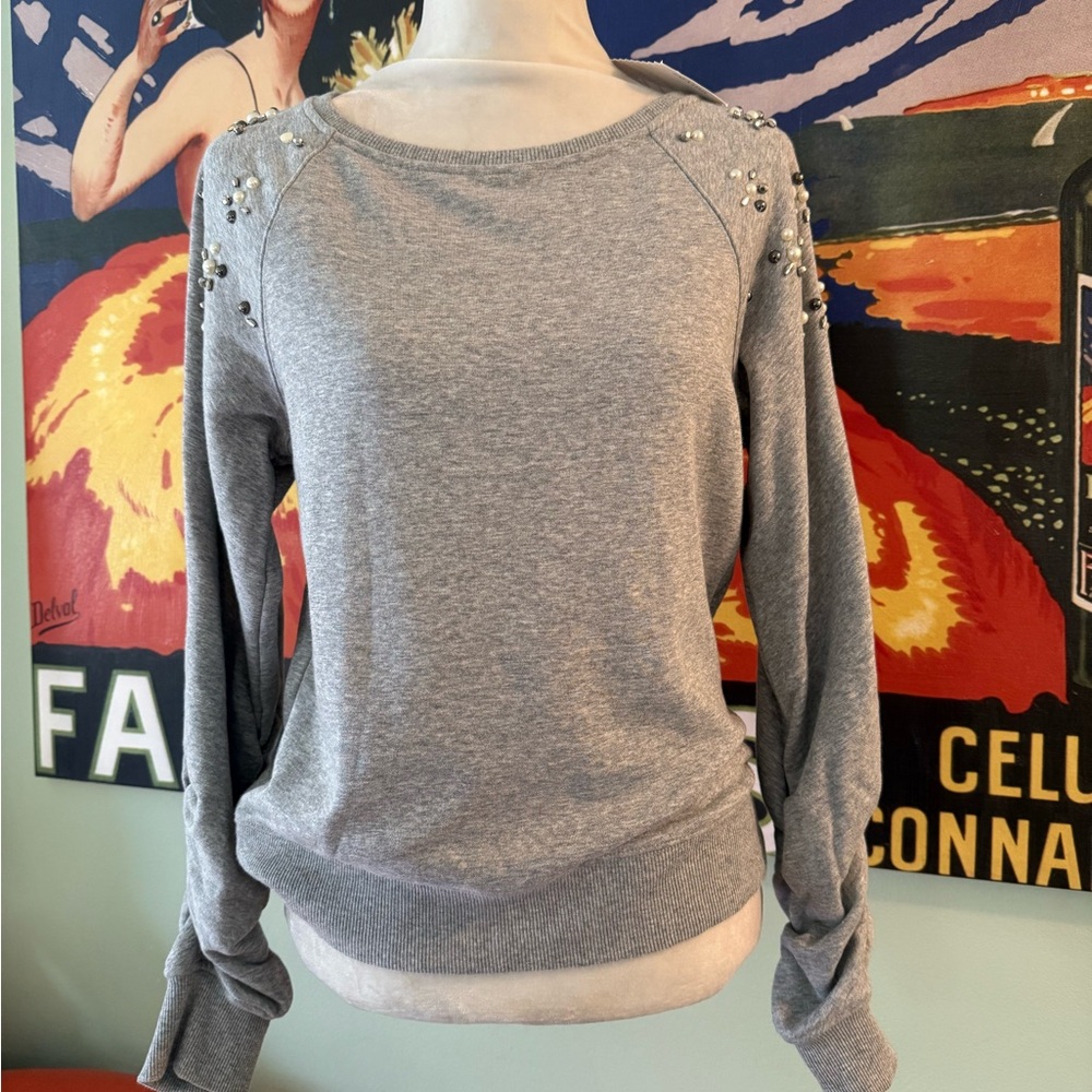Stella & Dot Gray Embellished Shoulder Sweatshirt